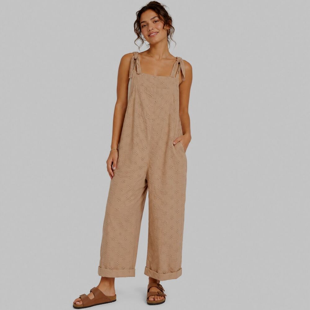 Aerie Womens 4 Eyelet Overall Jumpsuit Beige Wide Leg Adjustable Straps Boho
